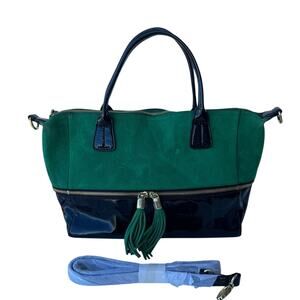 Vintage Relic Women Green Suede Black Patent Double Handle Crossbody Tote Bag